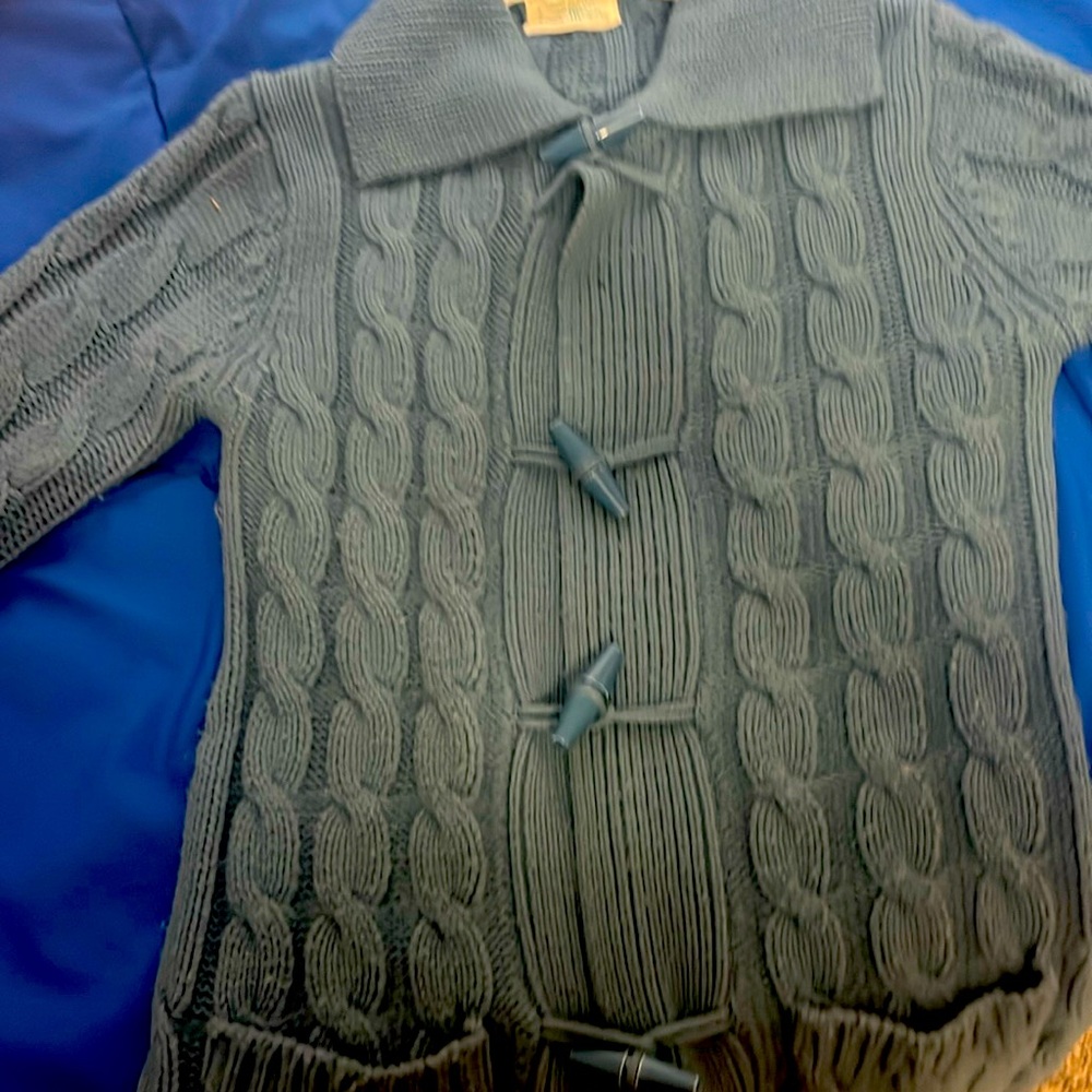 Sears Junior Bazaar blue toggle button shawl collar cable knit medium